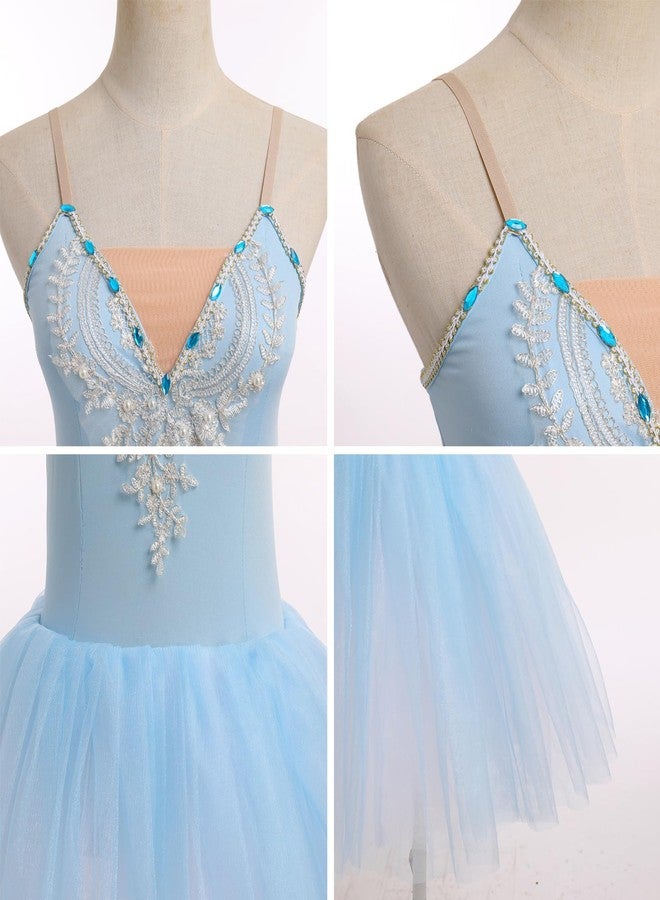 IBAKOM Ballet Leotard for Women Swan Lake Costume Floral Print Professional Ballerina Tulle Tutu Dance Dress Adult Ballet Camisole Leotard Dance Maxi Skirt Dance Competition Dresses Sky Blue S - Image 3